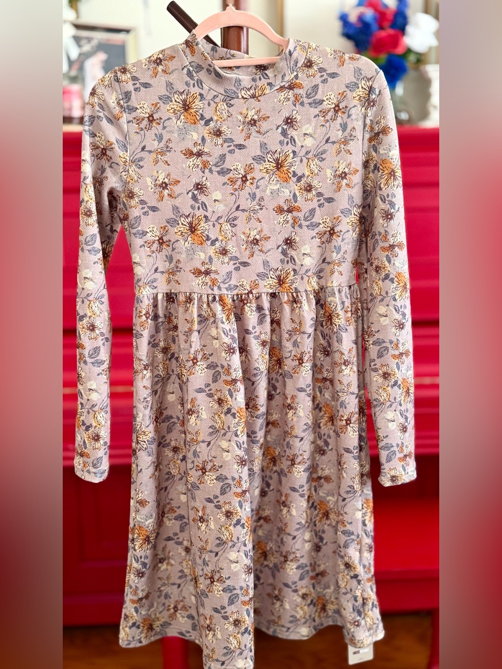 Women's Long-Sleeve Floral Dress in Soft Pink
